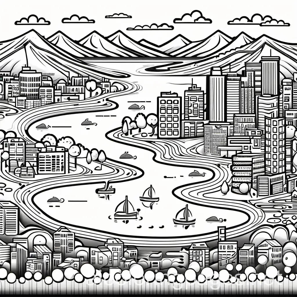 CARTOON KID city map that is busy and has a lake
, Coloring Page, black and white, line art, white background, Simplicity, Ample White Space. The background of the coloring page is plain white to make it easy for young children to color within the lines. The outlines of all the subjects are easy to distinguish, making it simple for kids to color without too much difficulty