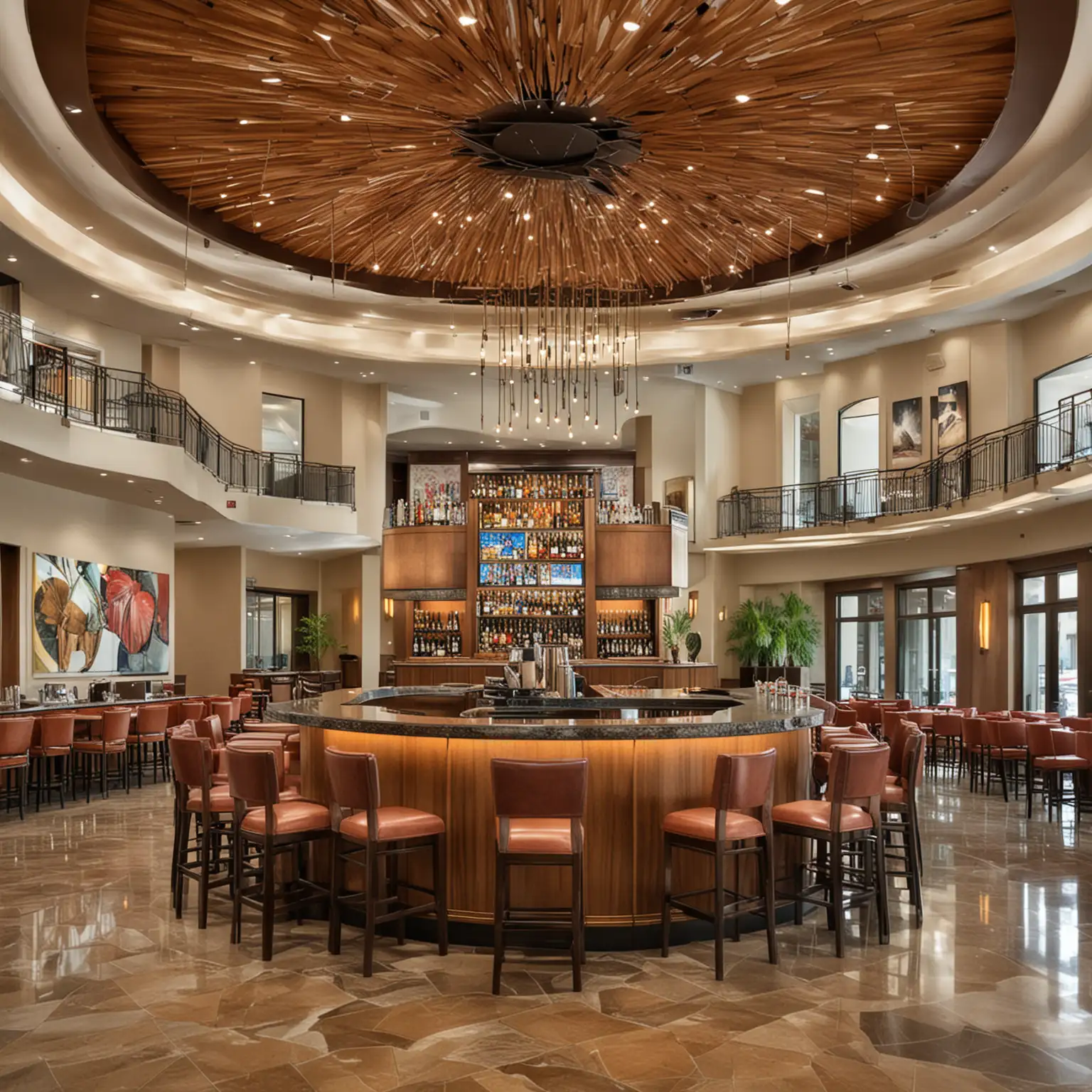 round bar in the middle of hotel lobby with large ceiling hung artwork above and with 40 barstools around bar