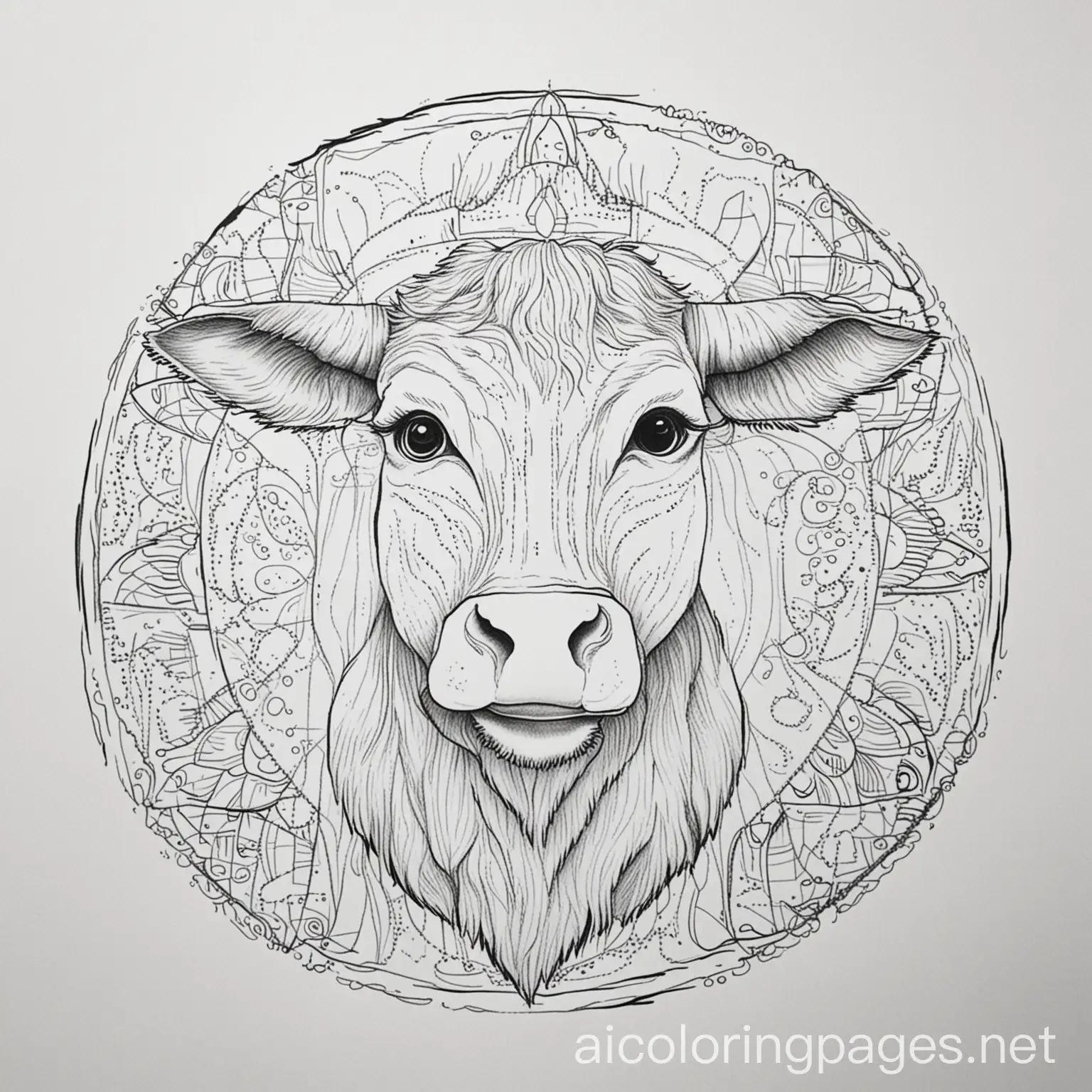 mandala cow, Coloring Page, black and white, line art, white background, Simplicity, Ample White Space. The background of the coloring page is plain white to make it easy for young children to color within the lines. The outlines of all the subjects are easy to distinguish, making it simple for kids to color without too much difficulty, Coloring Page, black and white, line art, white background, Simplicity, Ample White Space. The background of the coloring page is plain white to make it easy for young children to color within the lines. The outlines of all the subjects are easy to distinguish, making it simple for kids to color without too much difficulty