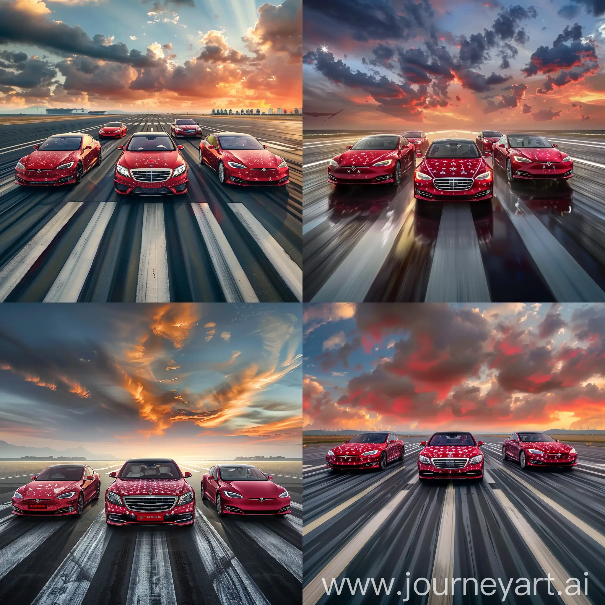 Generate an image with five luxury cars on a runway with a dramatic sky in the background. From left to right: red Mercedes S-Class with Chinese stars, red Toyota Camry with Chinese stars, Tesla, BMW and Honda. The cars should look like real cars, the image should be suitable for the header of the group in VKontakte.