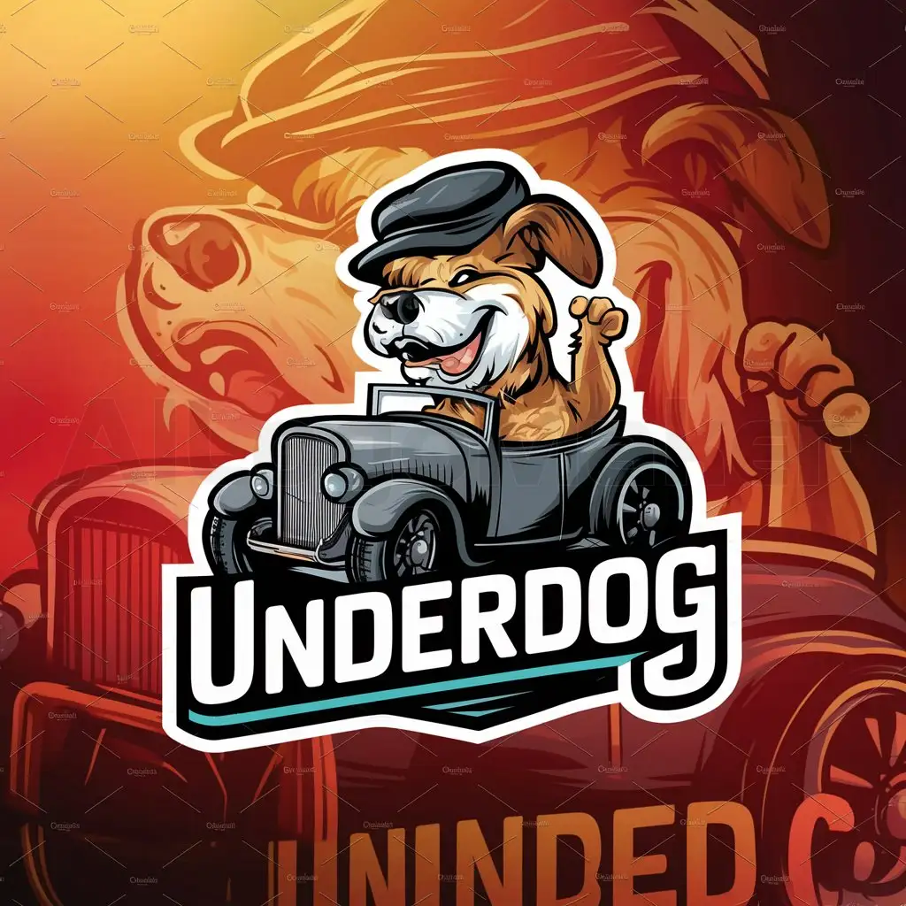 a logo design,with the text "Underdog", main symbol:dog at wheel of automobile,complex,clear background