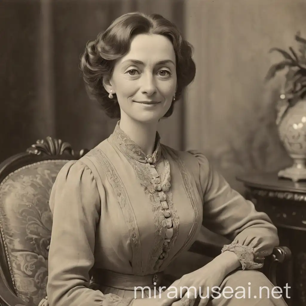 Vintage 19th century photo of elegant and attractive mature woman, very slight smile no teeth with slight age lines, seated portrait with elegant furniture in the background
