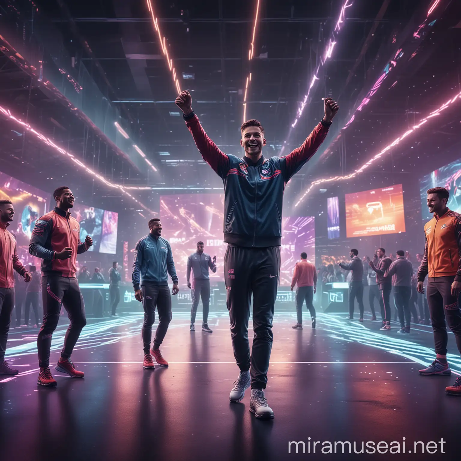 Sportsman surrounded by friends exuding futuristic vibes, as they celebrate an ecstatic victory, fist-pumps and smiles illuminating the air, surrounded by holographic displays of their free bet reward, vibrant neon accents cutting through the ambiance of a high-tech sports facility, captured in an ultra-realistic style, dramatic lighting, shallow depth of field, ultra clear.