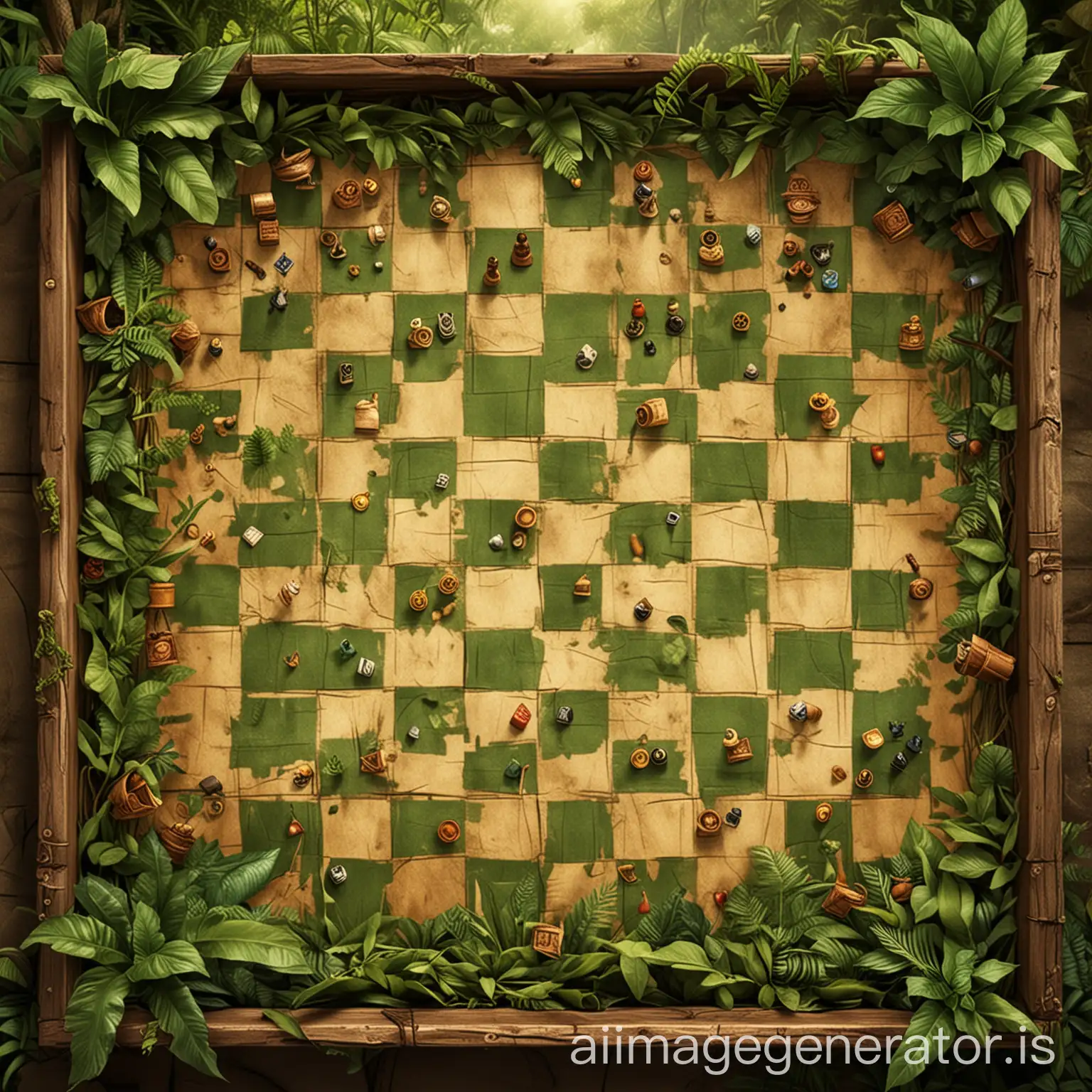 treasure hunt board game background, I need it box by box, consider it is a 2d view and consist 50 square box and it should me in jungle theme, it should be like chess board
