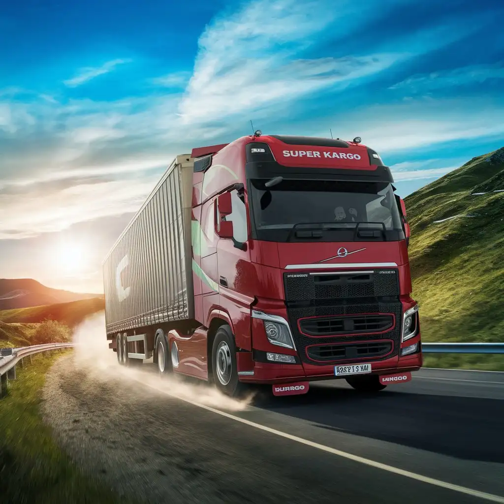 Red Logistics Truck with SUPER KARGO Sign On the Road