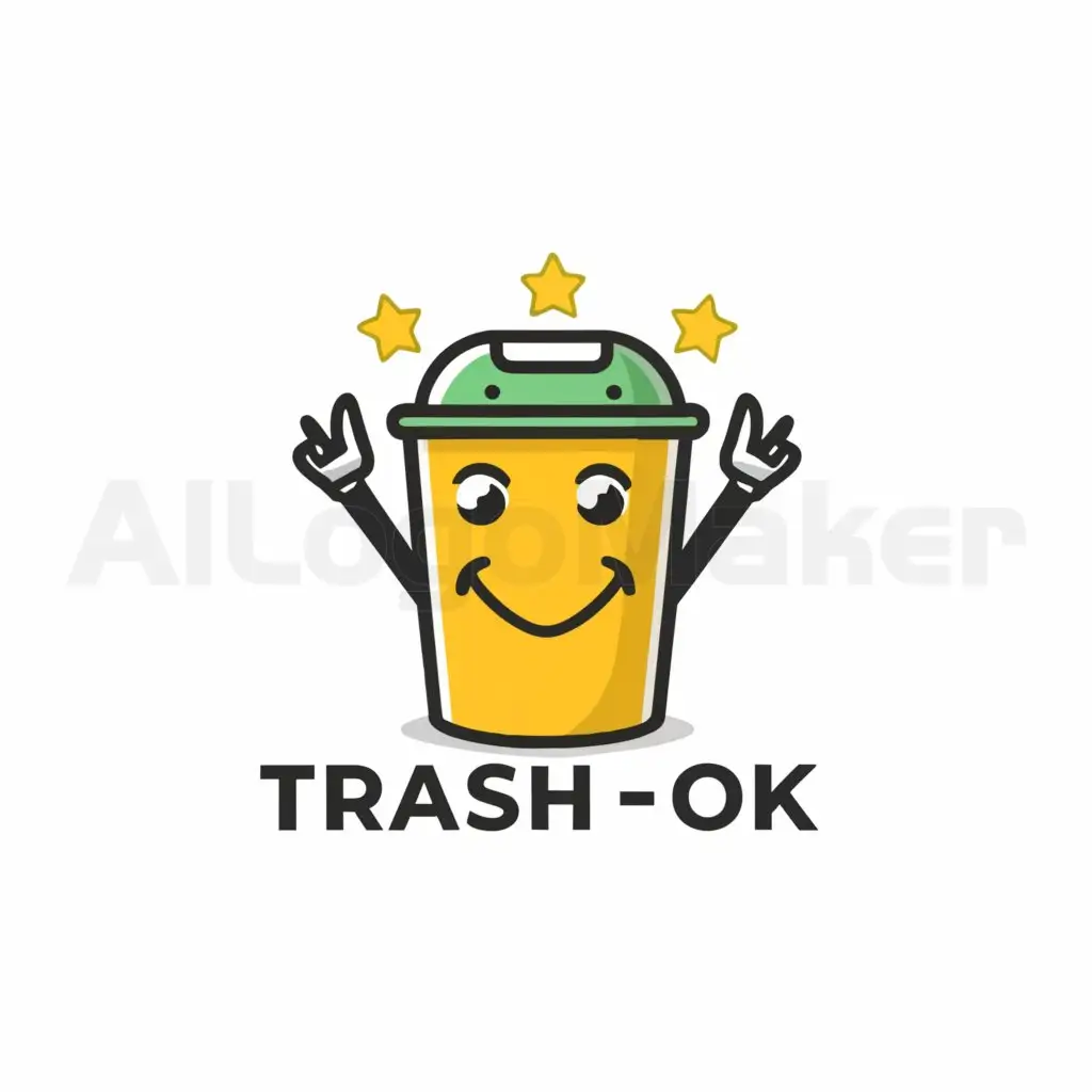 a logo design,with the text "Trash - Ok", main symbol:A garbage can with eyes, hands, and legs. It smiles. Opens the lid and puts garbage inside itself.,Moderate,be used in Others industry,clear background