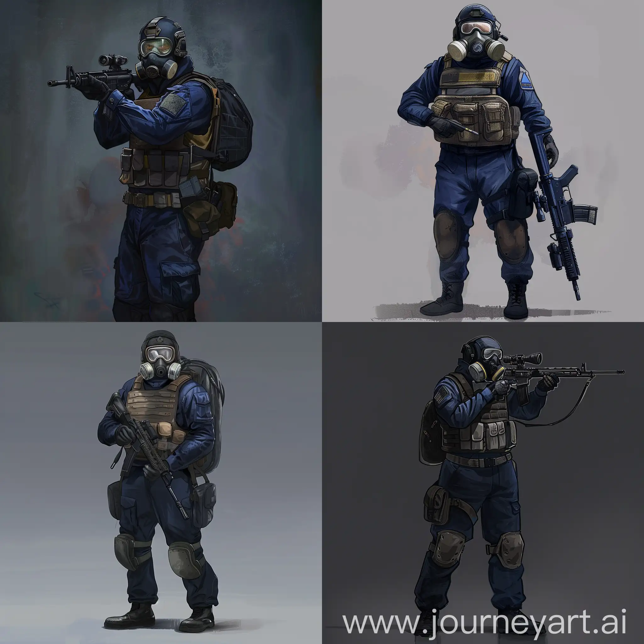 Mercenary from game stalker, concept art character, dark blue uniform, military vest, gasmask, sniper rifle in his hands, a small backpack on his back.