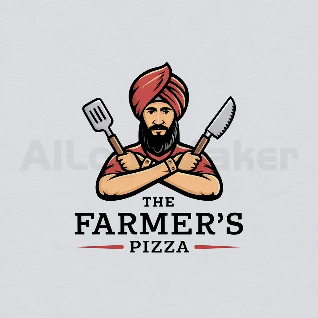 a logo design,with the text "The farmer’s pizza", main symbol:Front face pose  of royal punjabi turban guy, representing farming culture and tradition holding a spatula and knife in the hands,Moderate,be used in Others industry,clear background