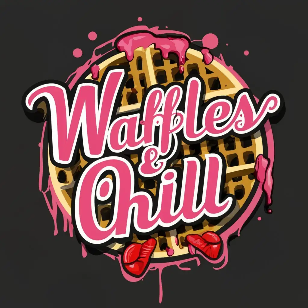 a logo design,with the text "Waffles & Chill", main symbol:waffles with hip hop pink lips, black background graffiti,Moderate,be used in Others industry,clear background