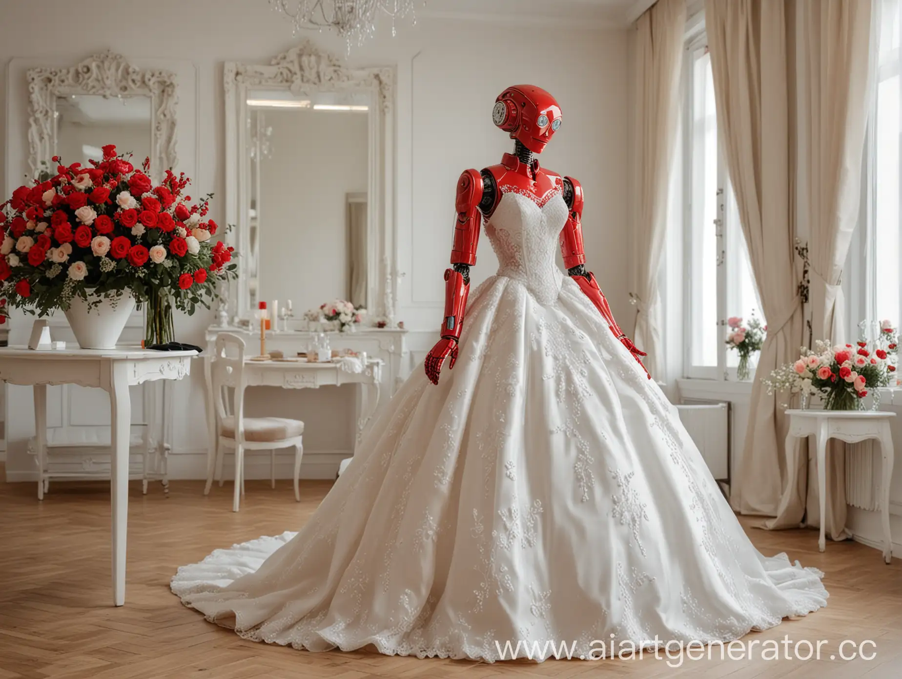 Red-Robot-in-Wedding-Dress-Stands-in-Bridal-Salon