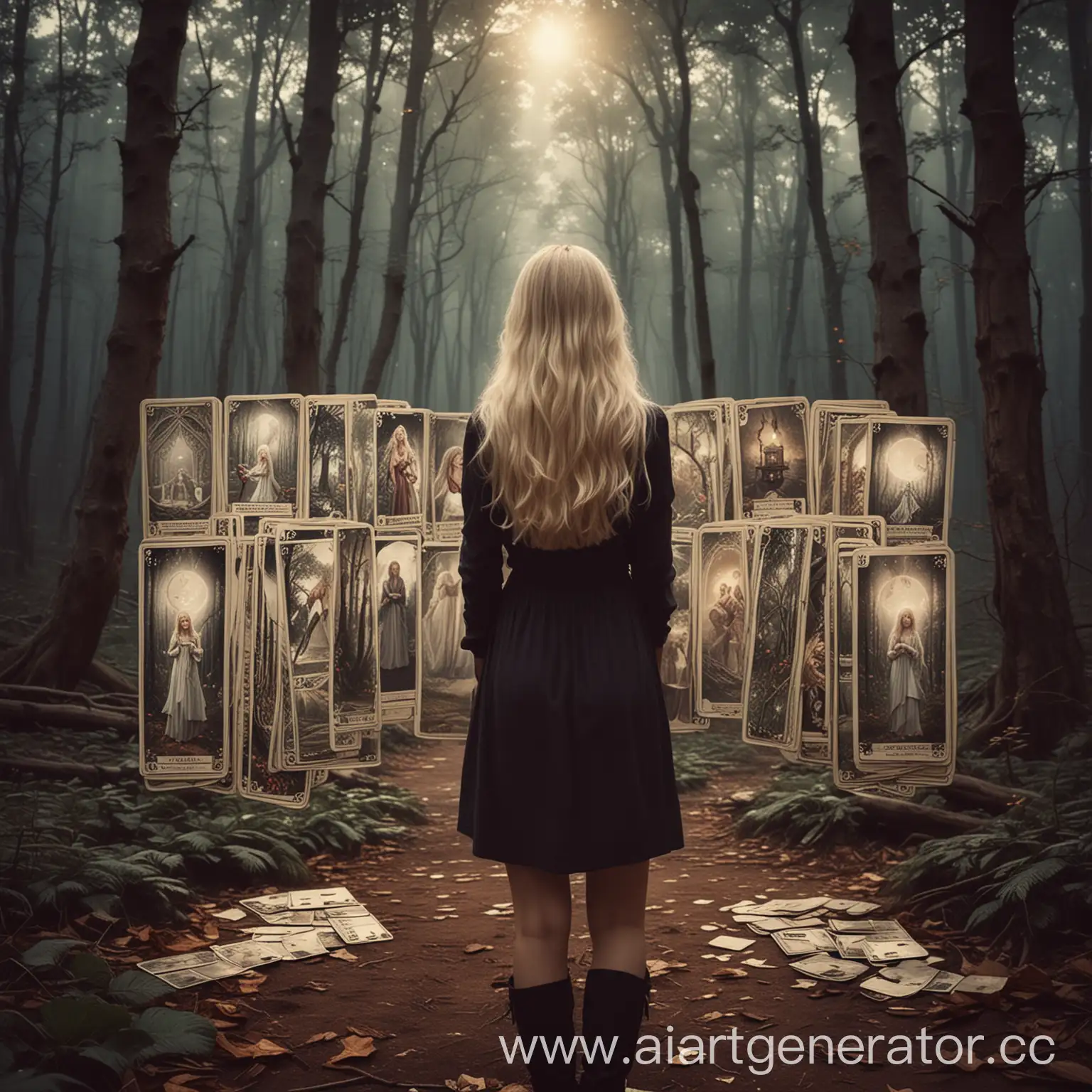 аватарка для инстаграмма, загадочная атмосфера, лес, девушка стоит спиной, у нее светлые волосы средней длины. видно что она гадала на картах таро