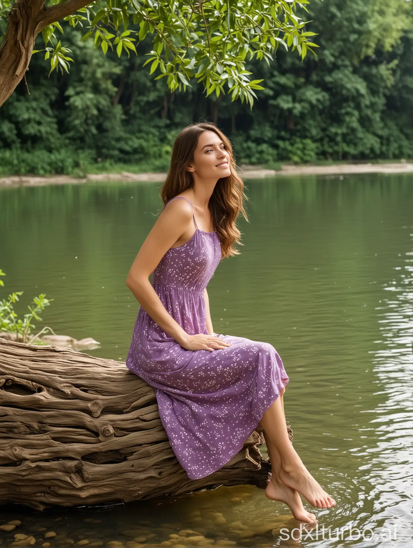 Woman-in-Purple-Sundress-Relaxing-by-Green-River