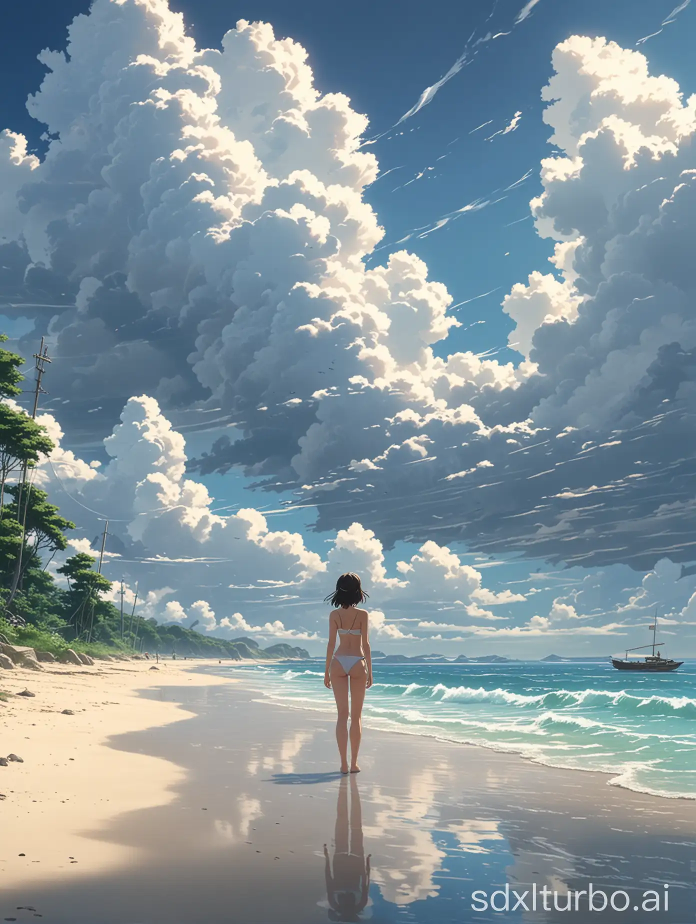 makoto shinkai style,full of tall fluffy white clouds,far below is a Oceanshore with a girl wearing 2 piece bikini standing,shadows,cinematic,white sand,ship afar,studio Ghibli anime