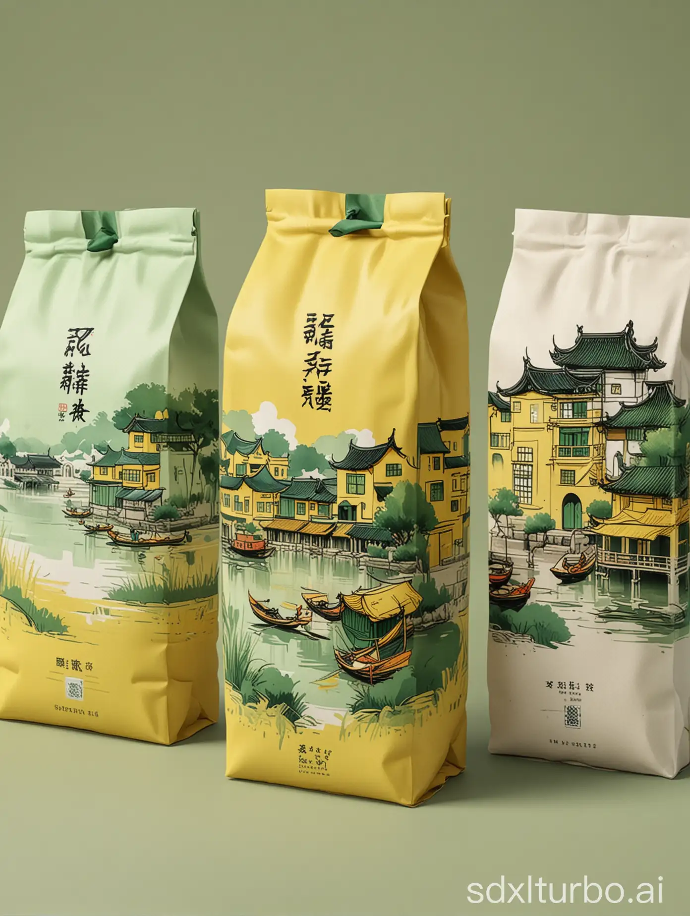 Generate an exterior packaging for rice bags, with a main color scheme of yellow and green, yellow as the auxiliary color, themed around Jiangnan water village, minimalistic, ink painting style, natural, grand, vibrant, fashionable national style.