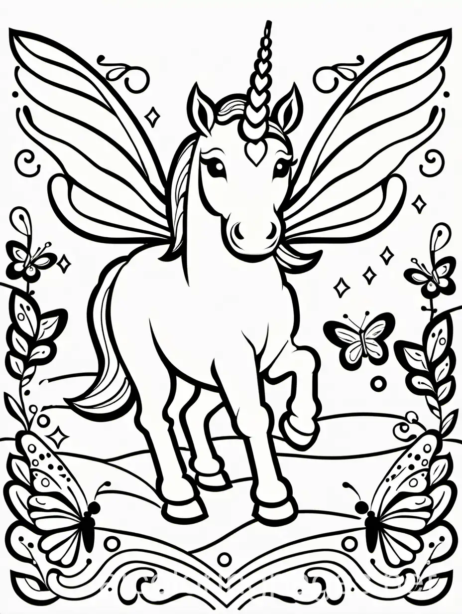colouring pages for kids, unicorn with butterfly wings
 playing, simple kids colouring book, less, detail, in the style of Simple drawing, Rounded Lines, No Shading, Coloring Page, black and white, line art, white background, Simplicity, Ample White Space. The background of the coloring page is plain white to make it easy for young children to color within the lines. The outlines of all the subjects are easy to distinguish, making it simple for kids to color without too much difficulty