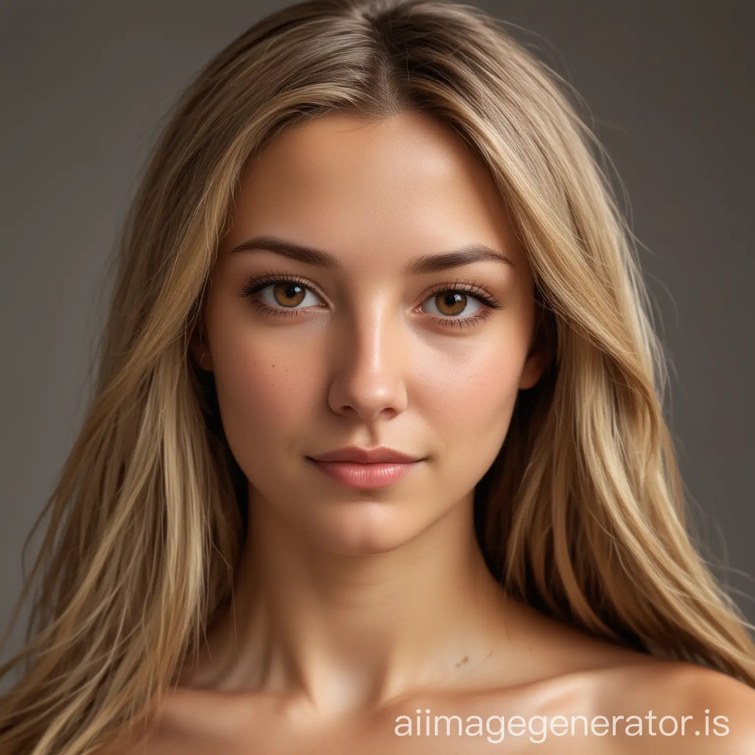 avatar of a girl, 34 years old, long brown blond hair, brown eyes, oval face. very attractive. bare shoulders.