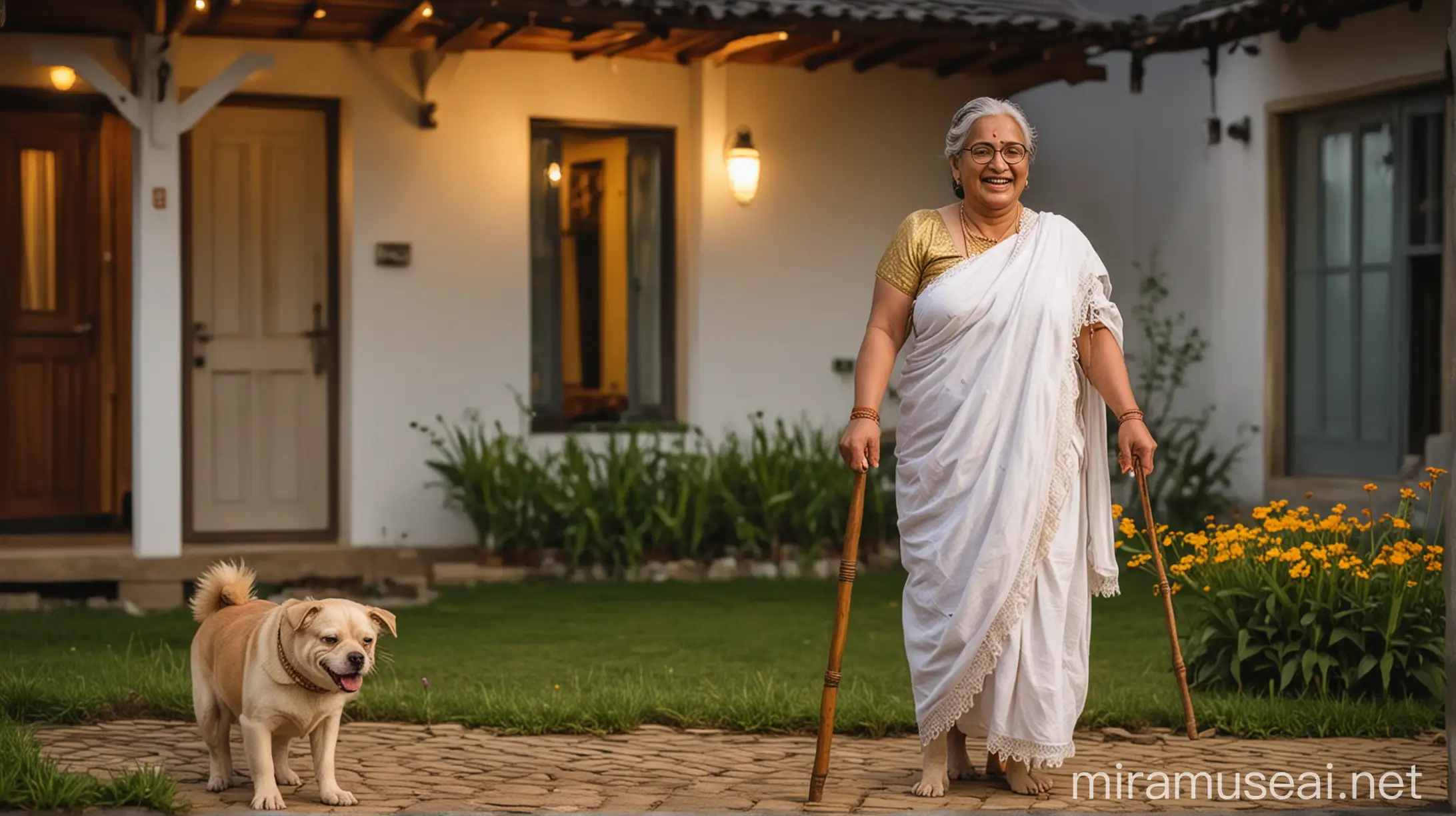 
sweet faced old desi  very curvy  fat   woman  with tick hair binding on head walking with a   wooden walking stick wearing   only a white towel  on her body  and a golden neck lace and a spectacles. she is happy and laughing . she is  standing with her dog  . its night  time and in background there is a luxurious farm house  with bulb light and luxurious house   with flowers and grass and concrete floor and it is rainy season . she is wearing golden sleepers on feet.
