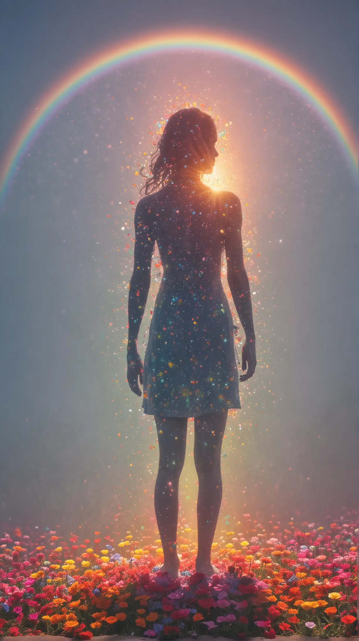 the outline of a person created by rainbow flowers, surrounded by a rainbow colorful aura

