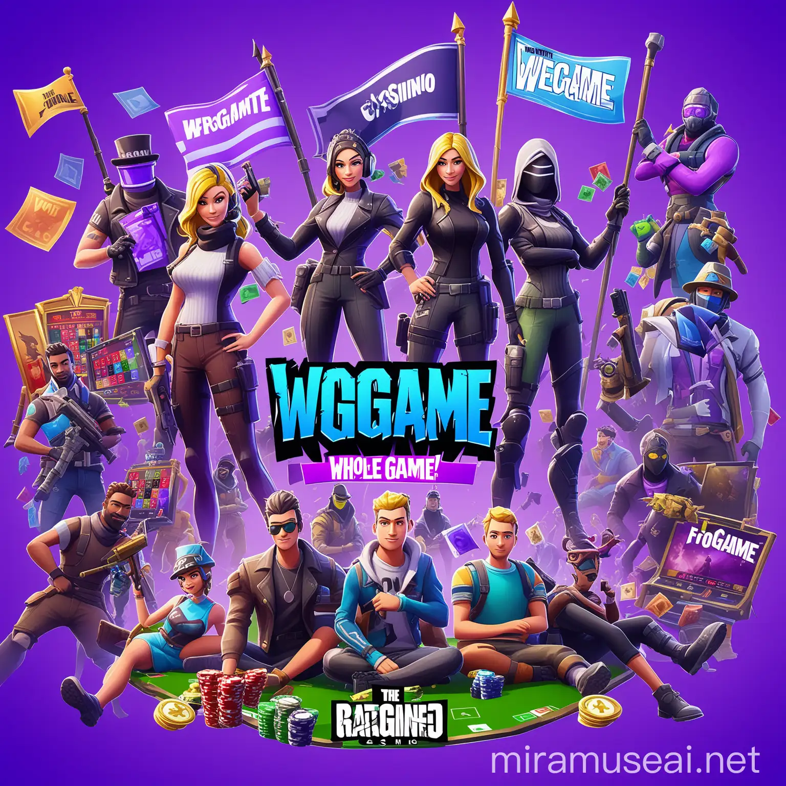 флаг на всю картинку, посредине надпись WeGame, онлайн игры, фортнайт, казино, 5 персонажей, цвета флага фиолетовый с голубым