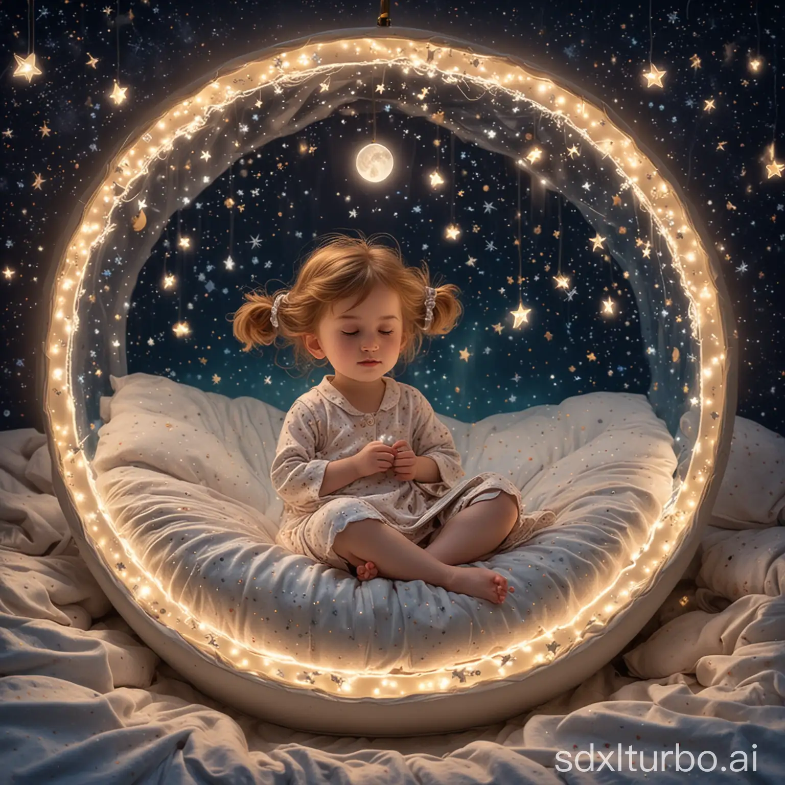 A little girl lies in a round bed, shaped like the moon. She wears a delicate pajamas with sparkling stars and holds a plush moon. A soft melody from a music box lulls her to sleep, while glowing constellations dance on the ceiling.