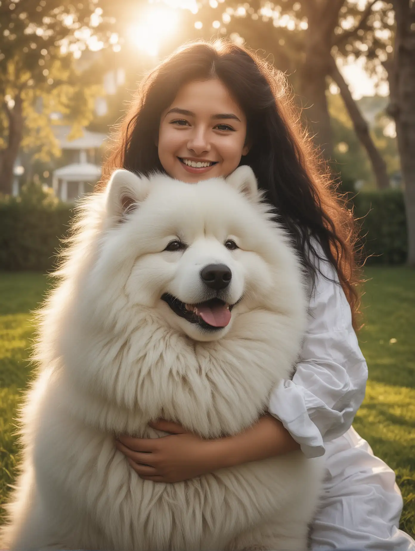 A beautiful black long haired girl smiling and hugging her cute Samoyed dog, facing the camera, on the lawn outdoors, portrait photo in soft light style, cinematic style, surreal style, high resolution, natural color grading, no contrast, clean and clear focus.