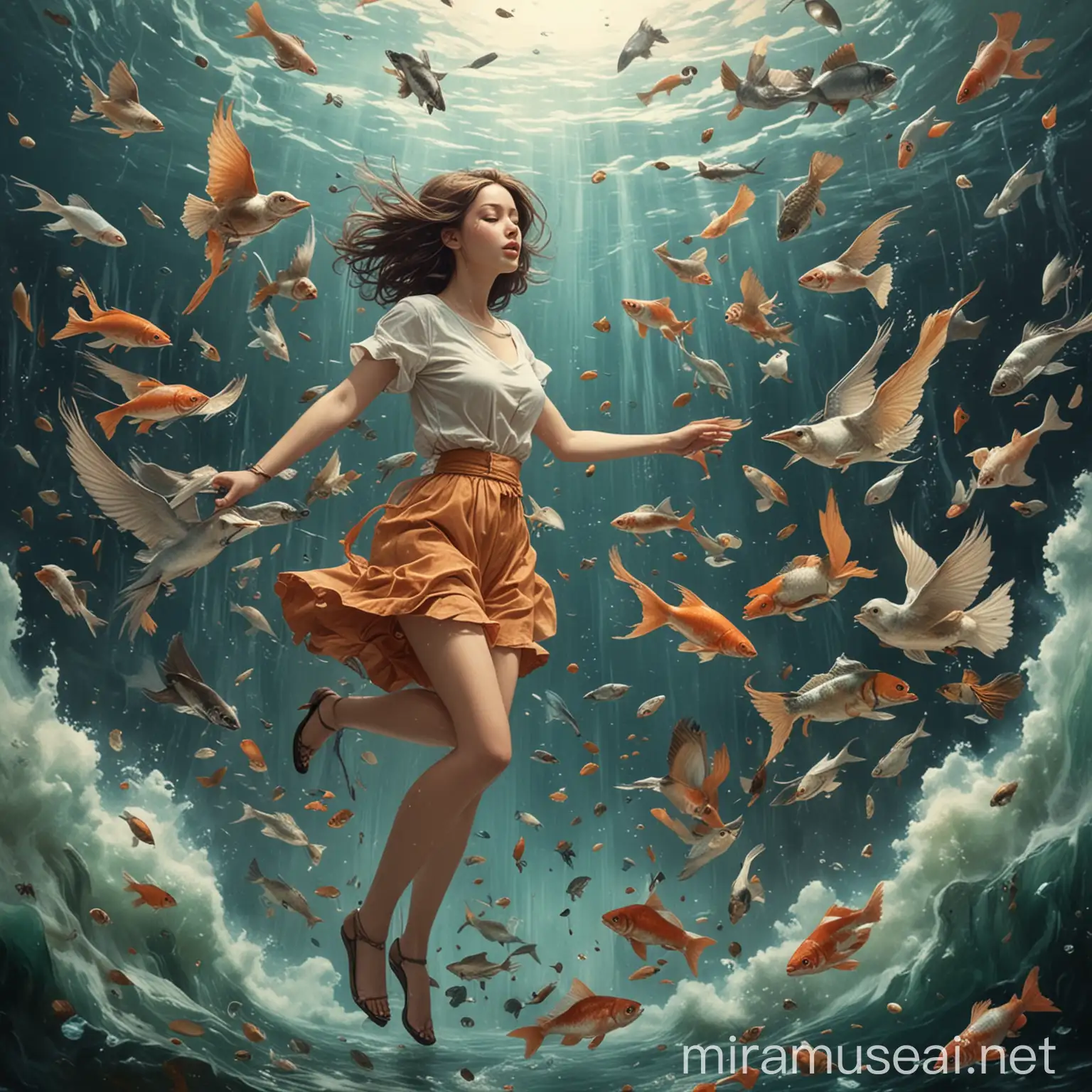 Girl Soul Flying with Birds and Fish in Harmony