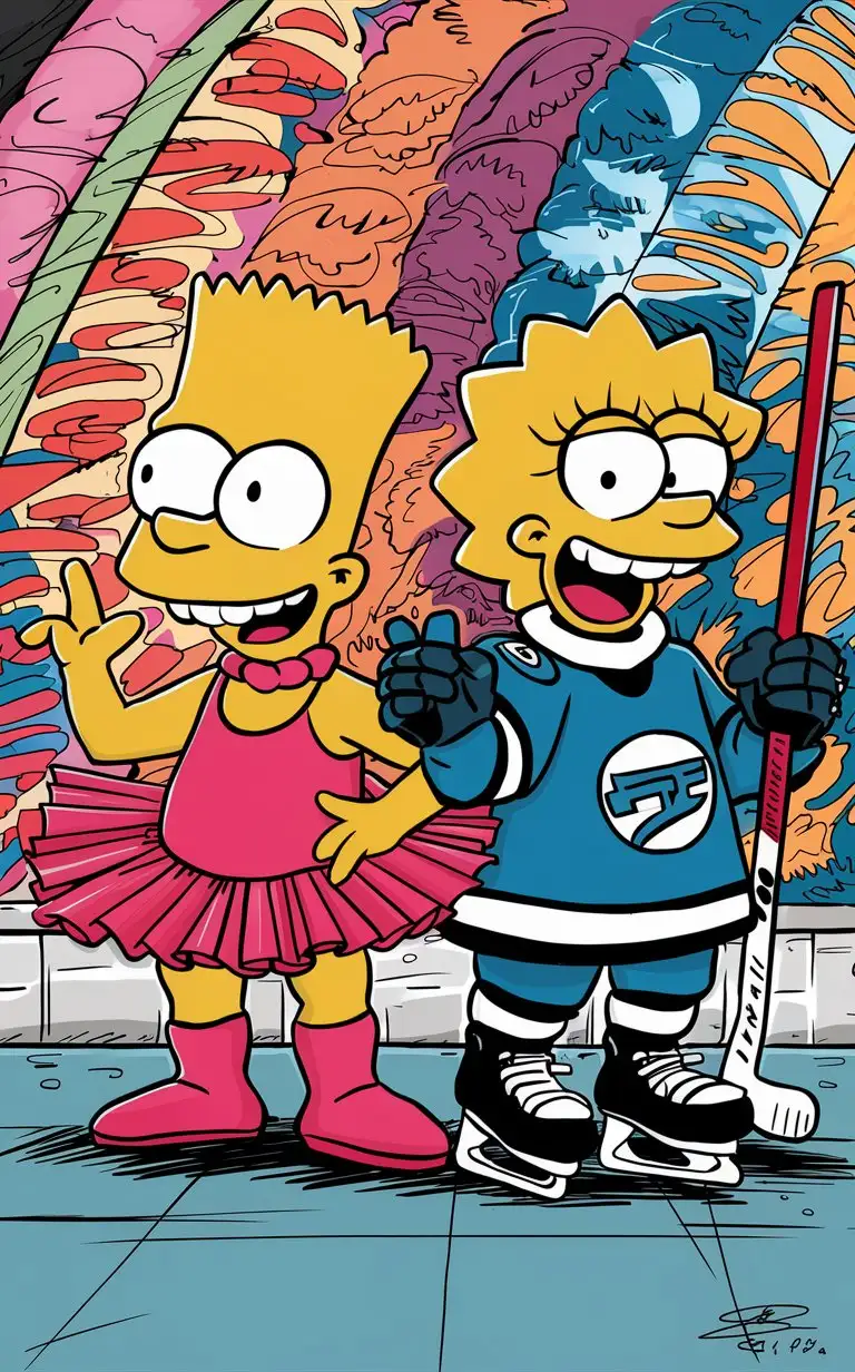Gender role-reversal, 10-year-old Bart Simpson rocking a pink leotard and tutu, he is standing next to 8-year-old Lisa Simpson she is wearing a blue ice hockey uniform, cartoon drawing