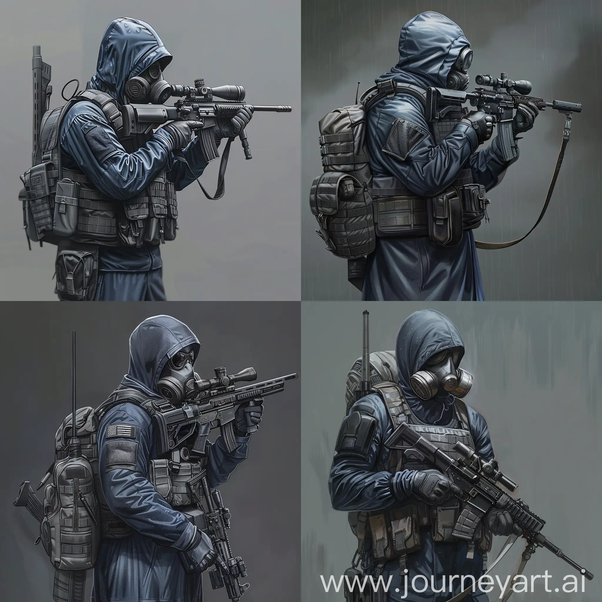 Digital concept art a mercenary from the universe of S.T.A.L.K.E.R., a mercenary dressed in a dark blue military raincoat, gray military armor on his body, a gas mask on his face, a small military backpack on his back, sniper rifle in his hands.