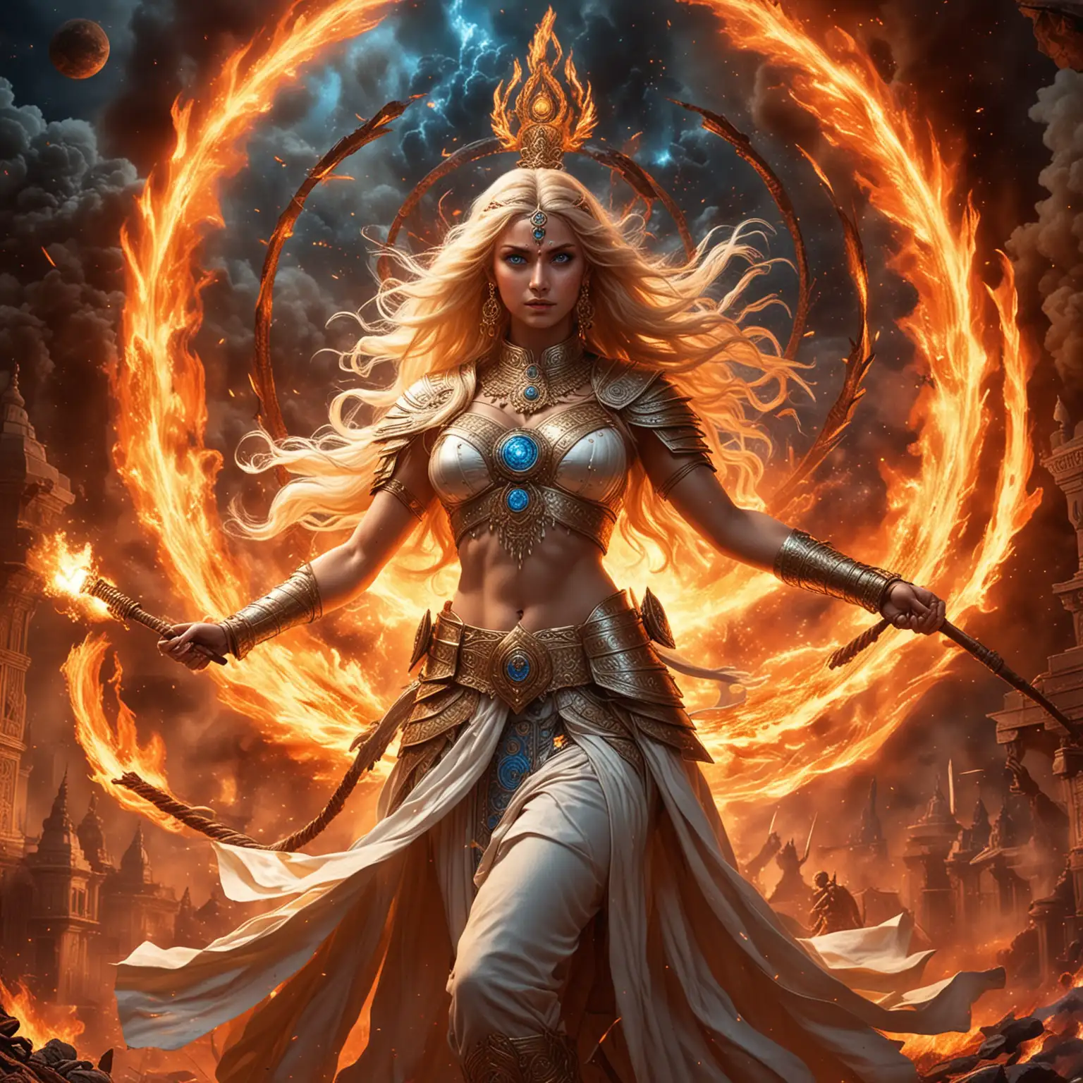 Goddess Empress beautiful Hindu with long blonde hair and blue eyes dressed as Goddess Empress general  in combat, with a huge whip of fire and background planets explosion surrounded by fire, and surrounded by Hindu goddesses and gods, and background the swastika nazi made of fire