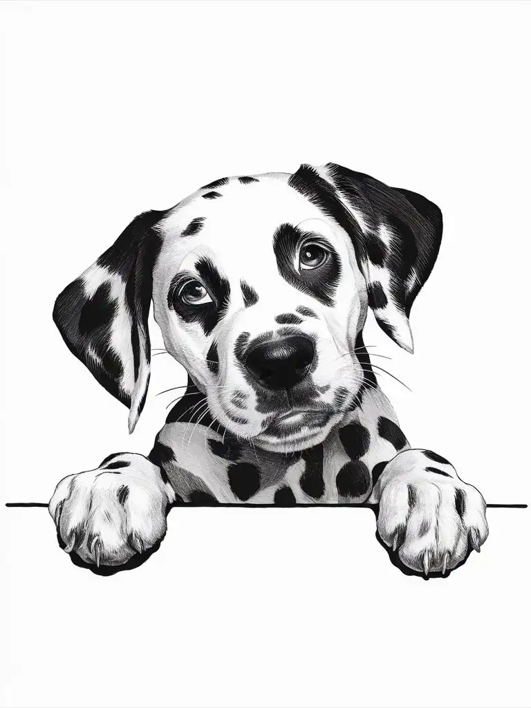 a stylized black and white illustration of a Dalmatian Puppy's face tilted slightly and front paws resting over a horizontal line, which gives the impression that the bulldog is peering over a surface. The illustration is interesting due to its use of contrast and the detailed depiction of the bulldog’s facial features, which convey a sense of curiosity or attentiveness. 