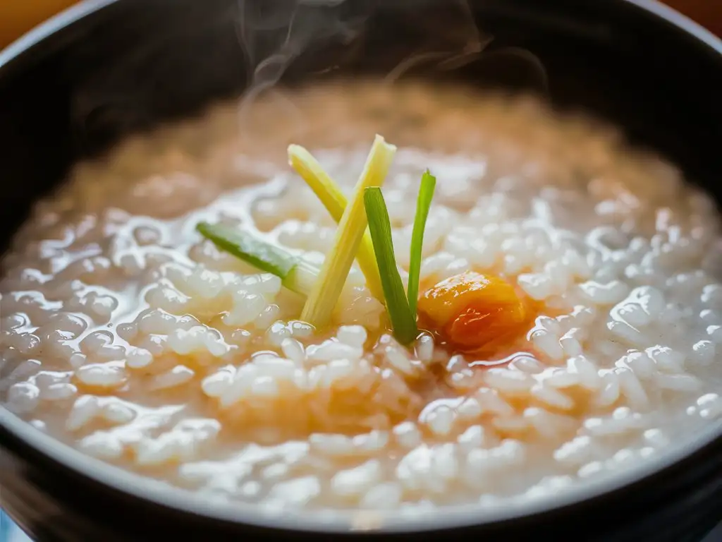boiling white Rice Porridge，little scallions on, Very real colors and comfortable light