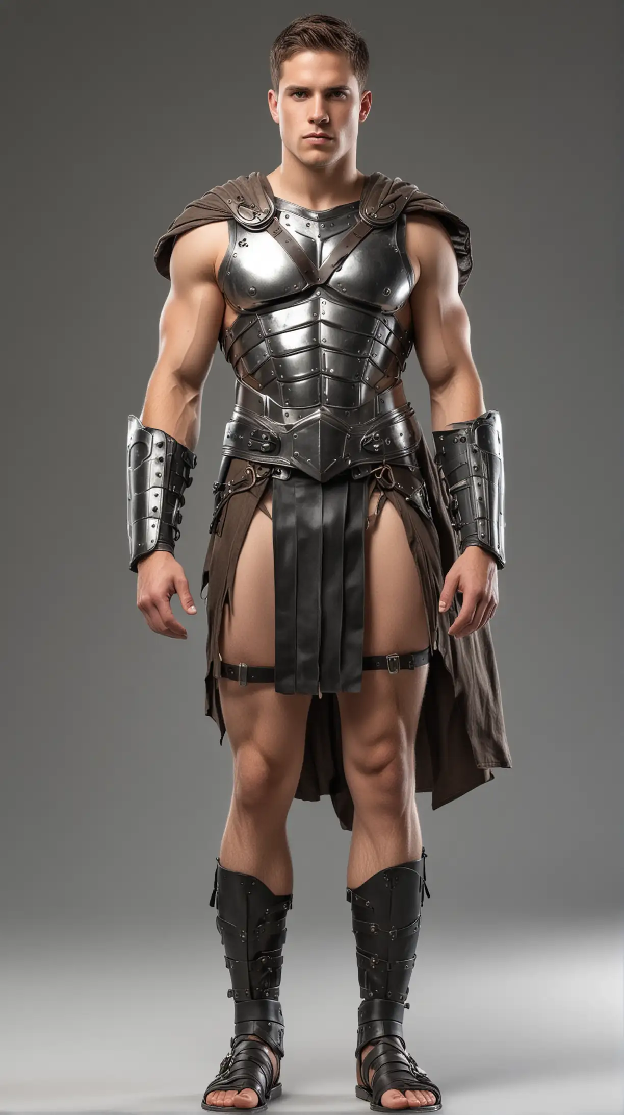 transparent PNG, heavy steel body armor covering his torso, huge young  male Spartan warrior, light strappy sandals, bare legs, naked thighs, very short leather kilt, steel body armor covers chest area, cloak, cleanshaven