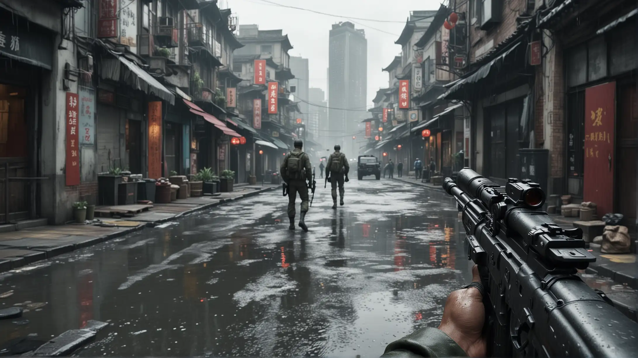 Generate a 4K hyperrealistic image of a soldier in a first person pov, with his gun in his hand shooting at enemies, around the wet street of shanghai china, 