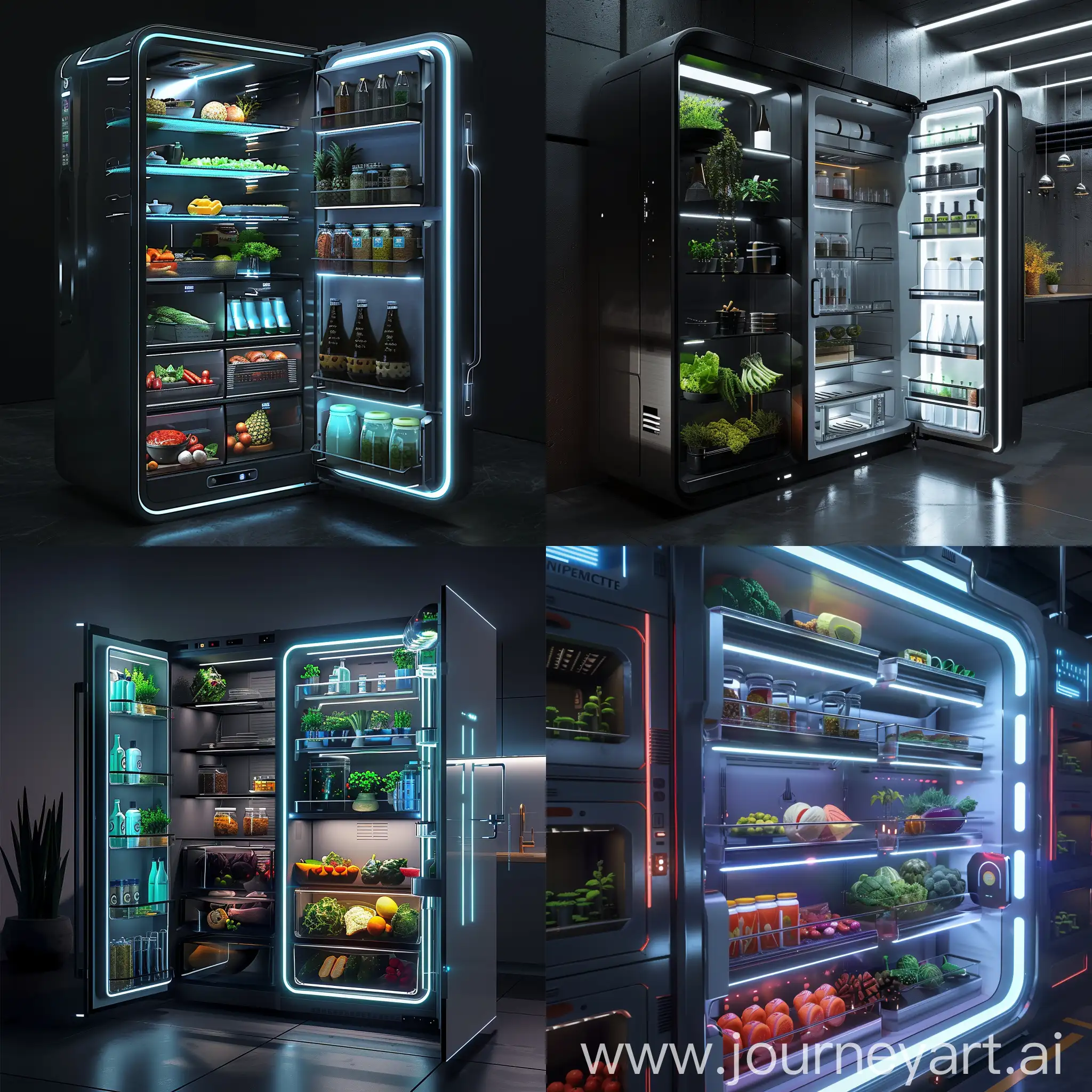 Futuristic fridge, AI-powered Inventory Management, Nanotech-coated Shelves, Quantum-inspired Optimization, Brain-Computer Interface (BCI) for Effortless Control, Augmented Reality Recipe Overlay, Robotic Arms for Easy Access, Internet of Things (IoT) Integration, Blockchain-powered Food Tracking, Genetically Modified Food Preservation, Personalized Nutrition with 3D Printing, Seamless Integration with the Kitchen, AI-powered Voice Control, Holographic Display with AR Integration, Robotic Door Handles, Internet of Things (IoT) Lighting, Sustainable Materials and Construction, Self-Cleaning Exterior, Blockchain-verified Provenance Display, VR Meal Planning, Personalized Design with 3D Printing, in information age style, in unreal engine 5 style --stylize 1000
