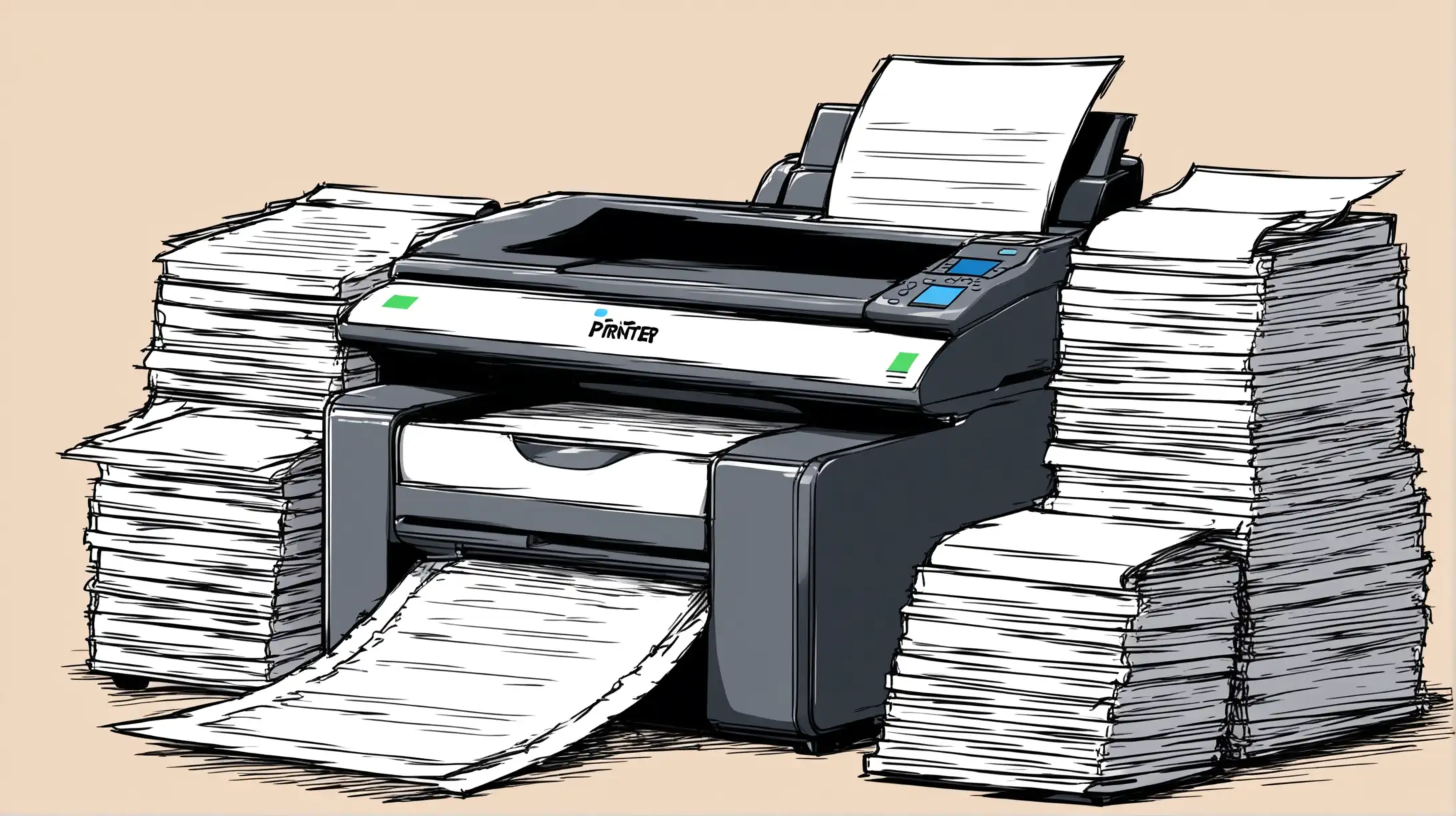 Printer with Stacked Paper Waiting Collection Vector Sketch