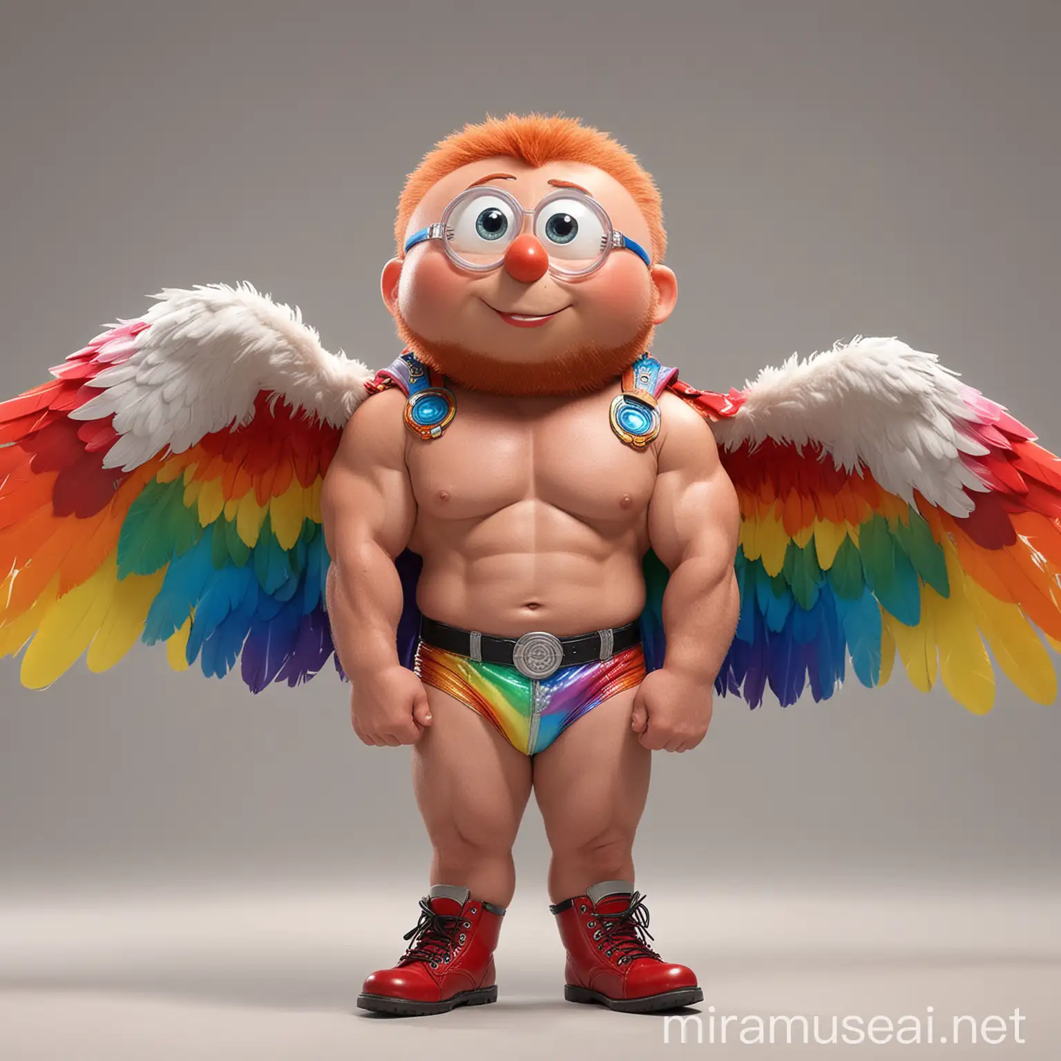 Muscular Redheaded Bodybuilder Flexing with RainbowColored Eagle Wings Jacket