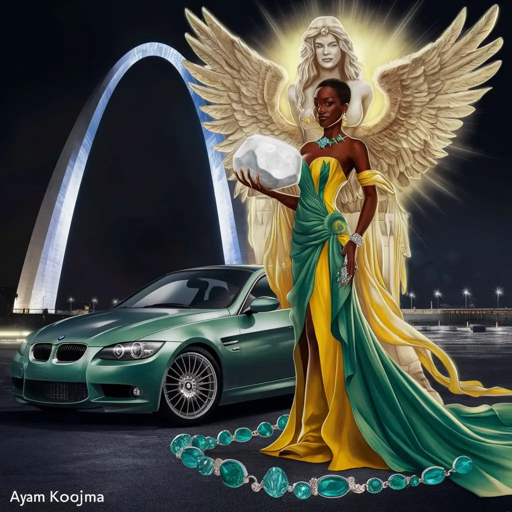 An glossy Woman.The White Stone of Legend. A girl in a green and yellow dress standing next to a giant Winged Goddess.
The illuminated Gateway Arch in St. Louis shines brightly against the night sky.BMW 335i
,
APATITE Jewelry,  Necklace, Rings and earrings. Black woman painterly smooth, extremely sharp detail, finely tuned, 8 k, ultra sharp focus, illustration, illustration, art by Ayami Kojima Beautiful Thick Sexy Black women 