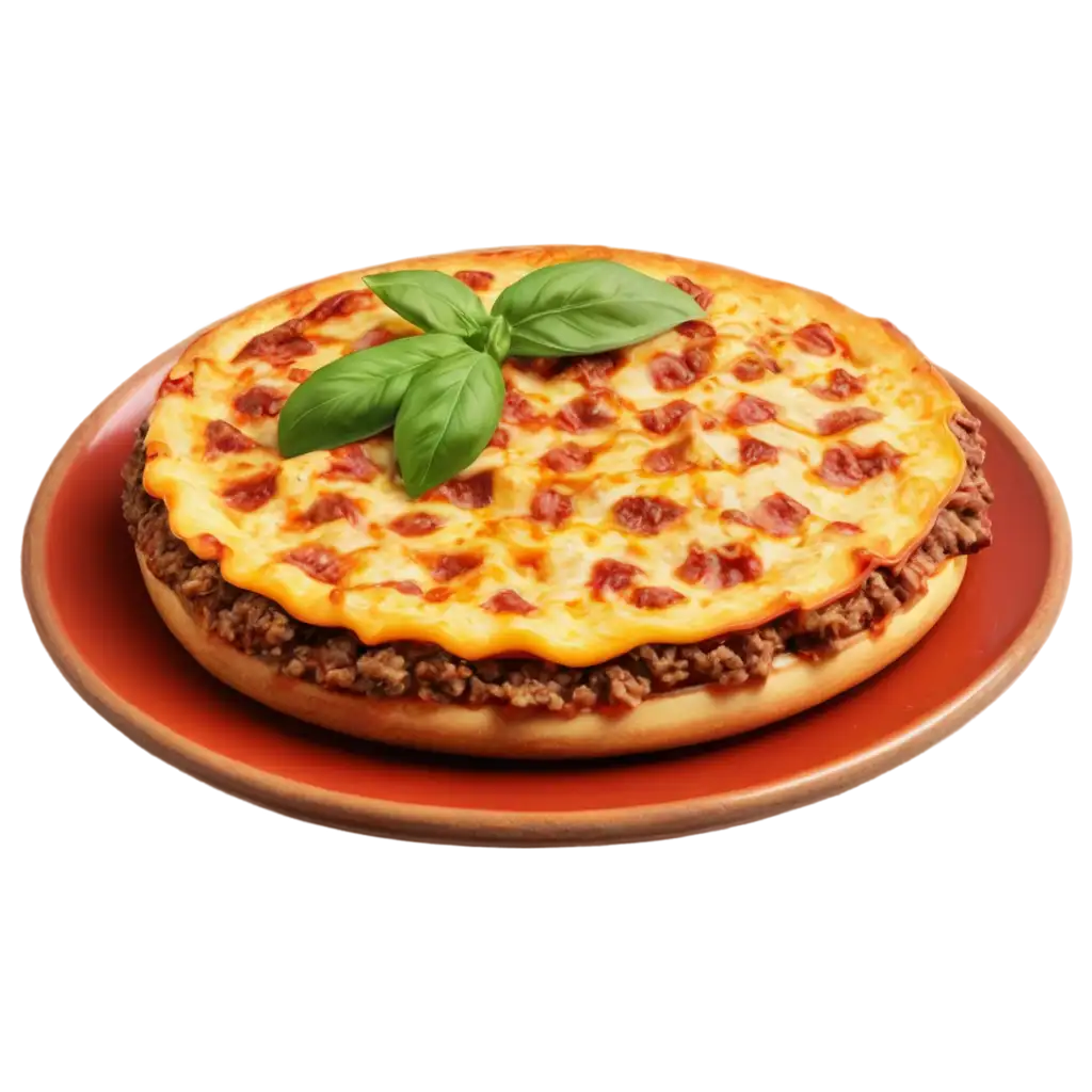 A delicious round grilled cheese pizza with beef on a plate.

