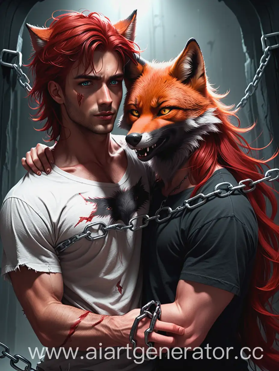 The hot guy is a black wolf. He's wearing a torn T-shirt and shackles on his wrists. A red-haired fox girl clings to him