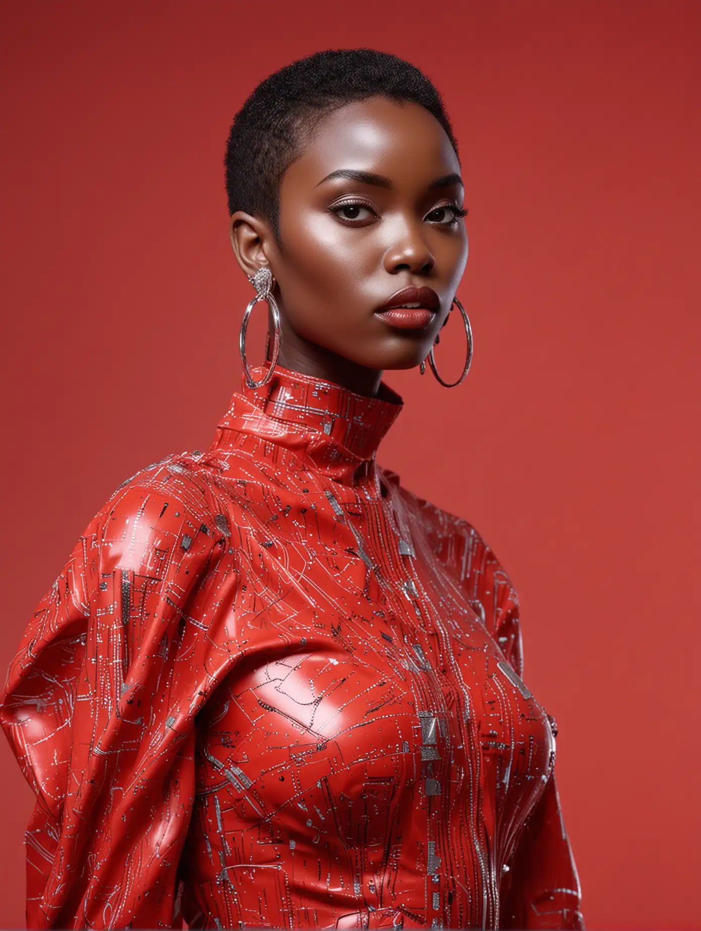 african model with short hair, in red art space, she is wearing futuristic big dress, she is also wearing big silver earings from the future, she is posing in a weard fashion pose, she is looking away from the camera