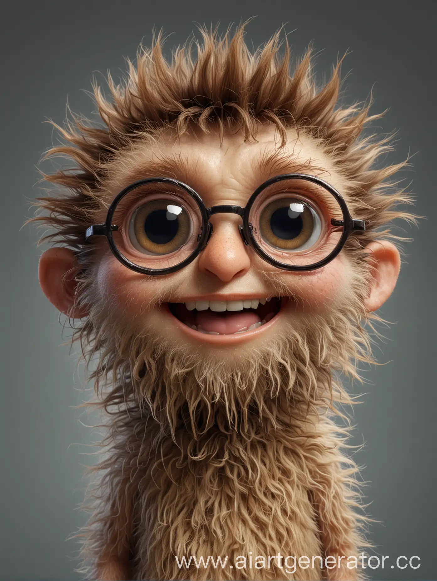 Hyperrealistic smallish, hairy head, with big eyes with small pumped-up hands, smiling with glasses