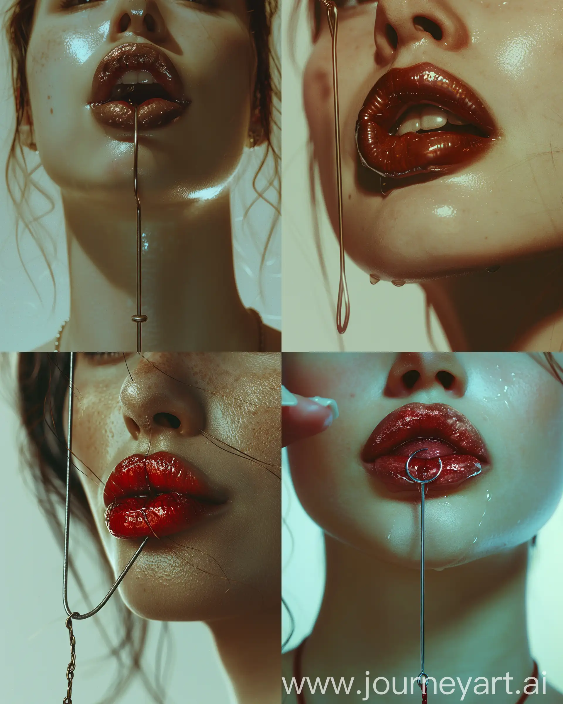 A woman with her lips stretched by a hook being pulled from the left side against a white background, cinematic, high resolution, happy, highly detailed, cinematic lighting, film grain, atmospheric perspective, hyperrealistic , gritty, epic, like an Artstation masterpiece, with award-winning, raw, best quality photography in the style of a photo taken with a Hasselblad x2d camera --s 250 --ar 4:5
