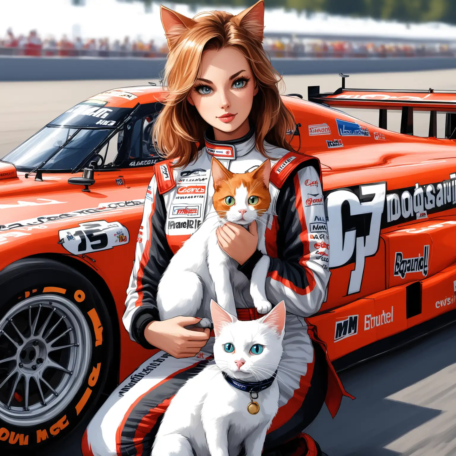 Cat-and-Dog-Racing-with-Beautiful-Woman-and-Race-Car
