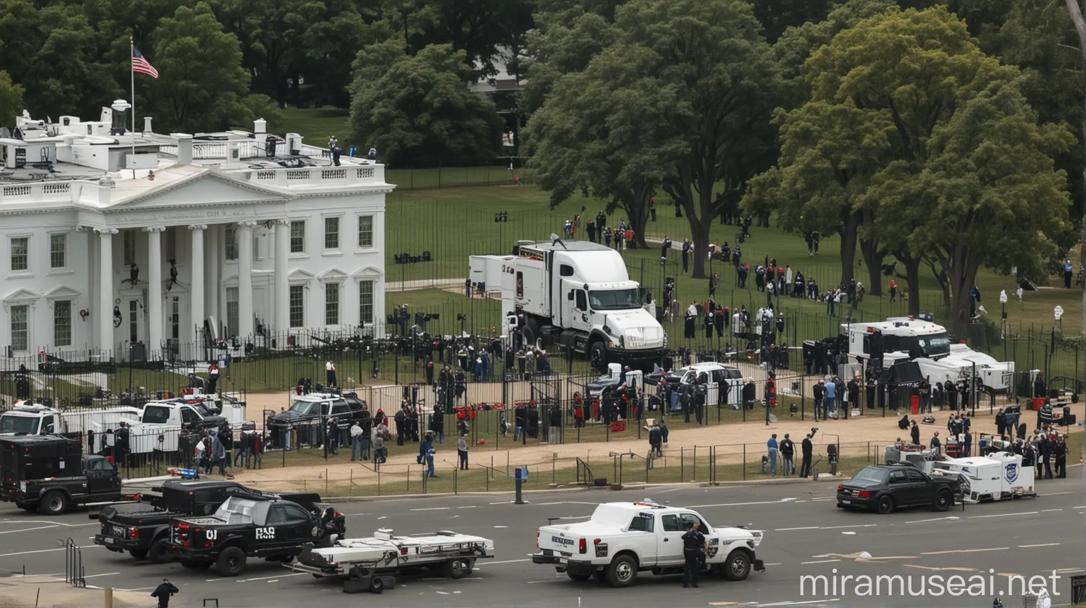 a big truck park in front of white house (US), Police near by with gun, one man arrested