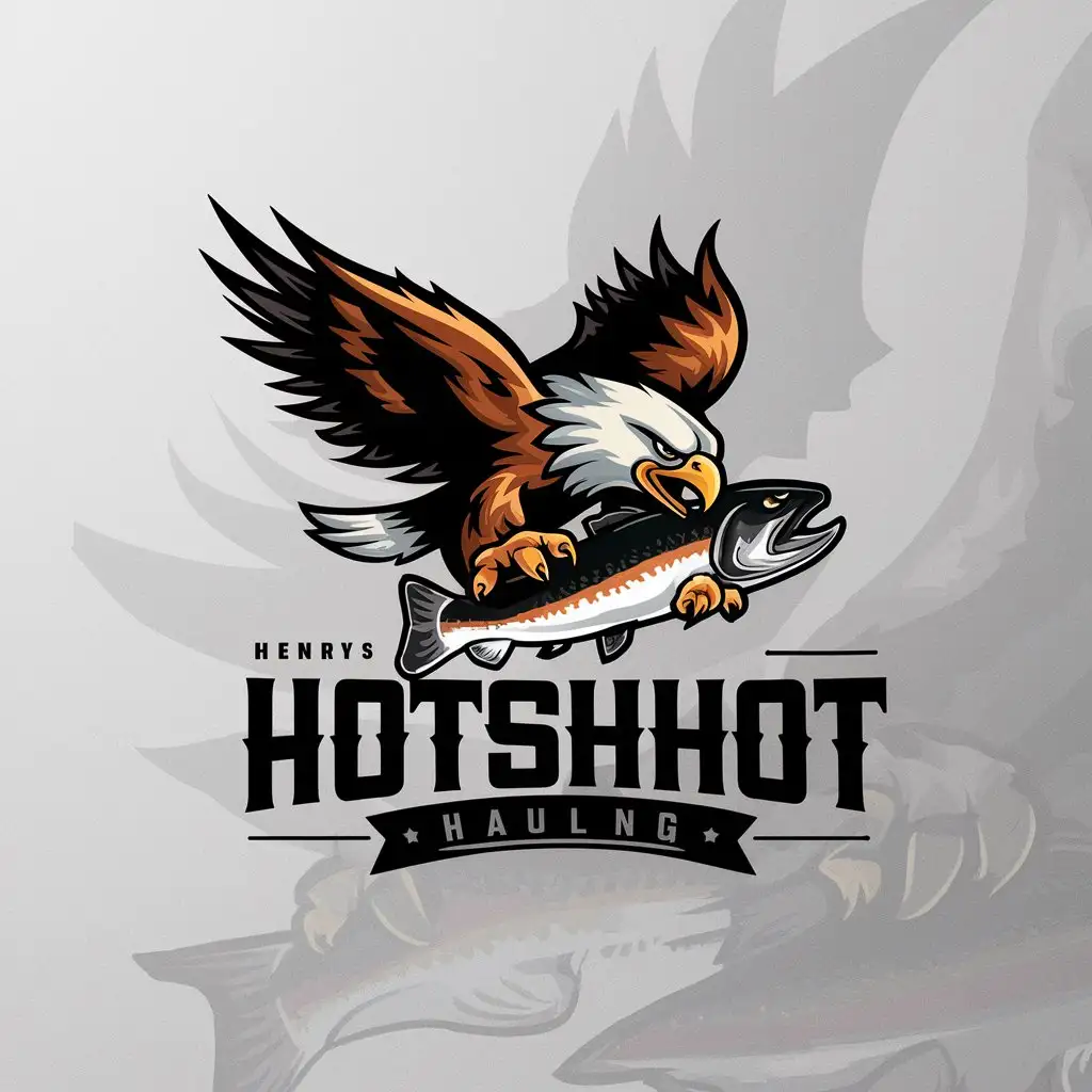 a logo design,with the text "HENRY'S hotshot hauling", main symbol:A fast moving eagle with its broad wings and feathers spread grasps a salmon fish with each leg held with its big claws just above the water.,Moderate,be used in Trucking industry,clear background