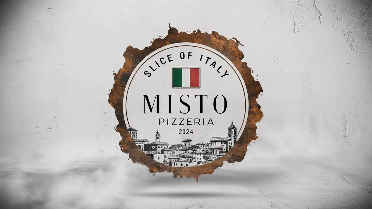 Misto Pizzeria, Minimalist, Emblem, Edge Decoration, Italian colors , textured White background, EST 2024 , Italy flag , Antique, Slogan Slice of Italy , Sketched Italian City, Ornament, Rustic, white foggy atmosphere
