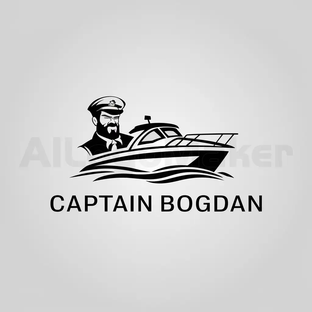a logo design,with the text "Captain Bogdan", main symbol:Captain of a handsome sports boat with a cabin and a beard,Minimalistic,clear background