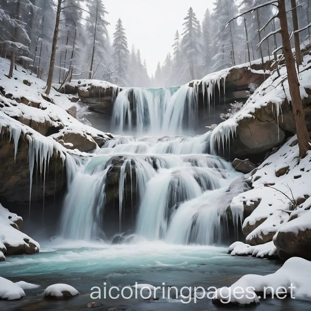 https://playground.com/post/a-cascading-waterfall-the-rushing-water-frozen-in-mid-motio-clx3q5pf607jj6jvjjxegarz4, Coloring Page, black and white, line art, white background, Simplicity, Ample White Space. The background of the coloring page is plain white to make it easy for young children to color within the lines. The outlines of all the subjects are easy to distinguish, making it simple for kids to color without too much difficulty
