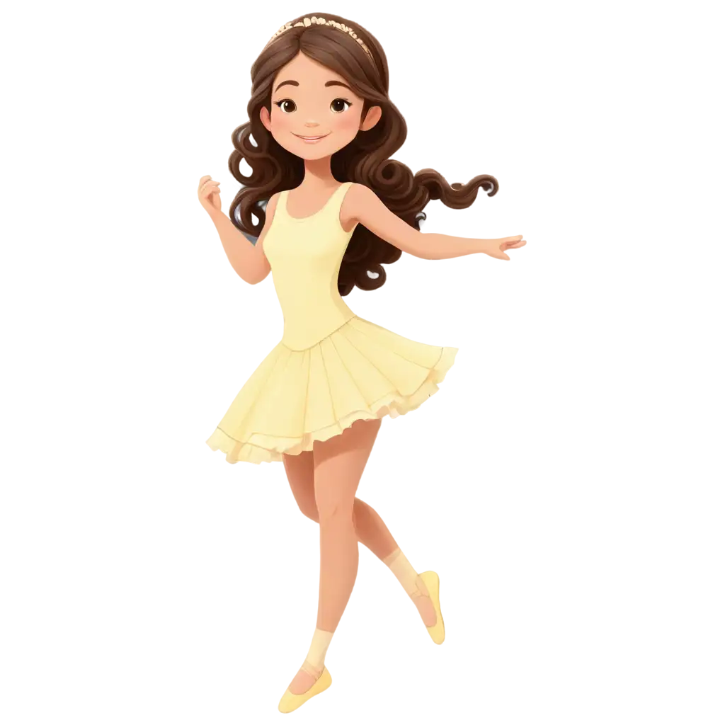 a cute ballerina little girl cartoon in pastel yellow color with curly long braided hair smiling face  