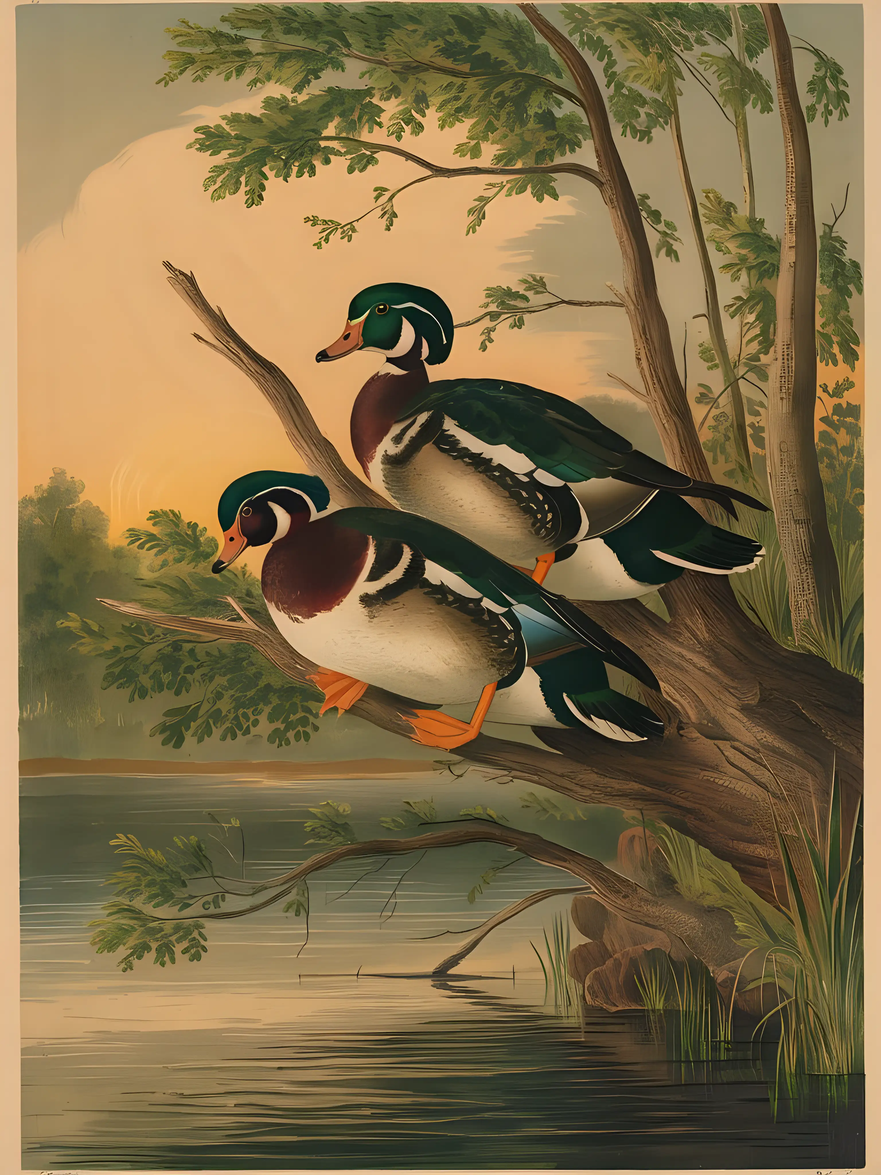 Vintage Print Tranquil Wood Ducks Perched on Water Tree